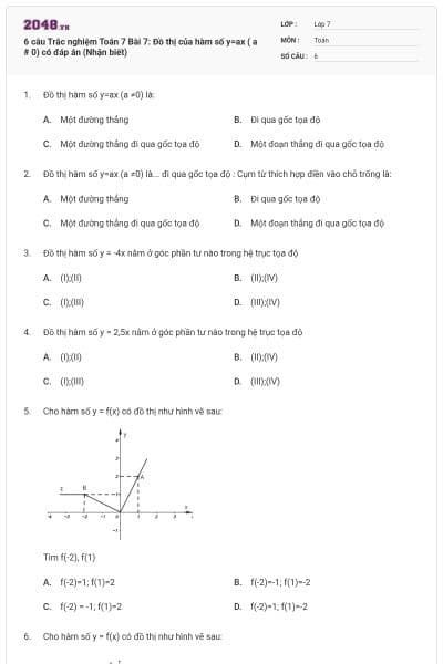 6 câu Trắc nghiệm Toán 7 Bài 7: Đồ thị của hàm số y=ax ( a # 0) có đáp án (Nhận biết)