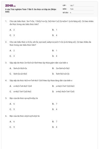 6 câu Trắc nghiệm Toán 7 Bài 5: Đa thức có đáp án (Nhận biết)