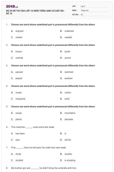 BỘ 30 ĐỀ THI VÀO LỚP 10 MÔN TIẾNG ANH CÓ ĐÁP ÁN - ĐỀ 19