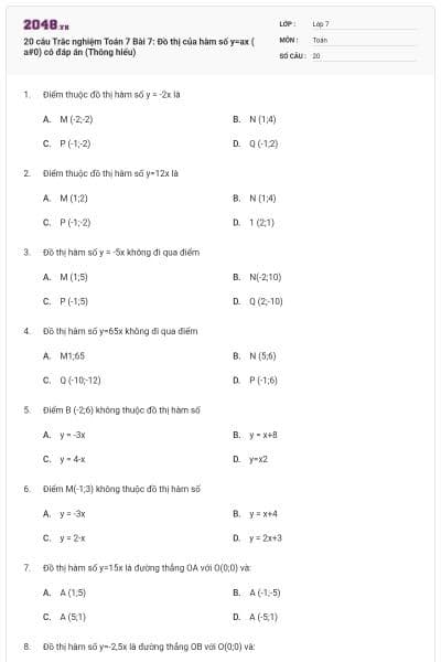20 câu Trắc nghiệm Toán 7 Bài 7: Đồ thị của hàm số y=ax ( a#0) có đáp án (Thông hiểu)