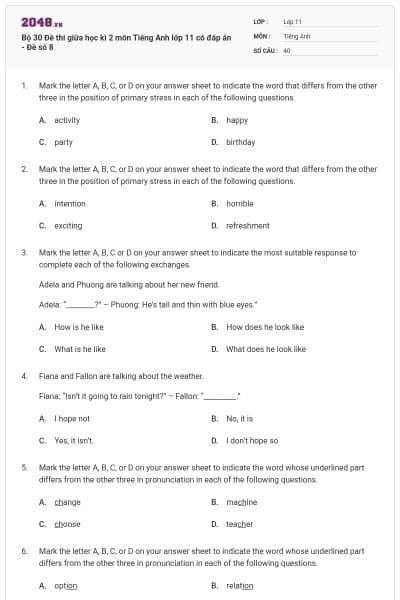Bộ 30  Đề thi giữa học kì 2 môn Tiếng Anh lớp 11 có đáp án - Đề số 8