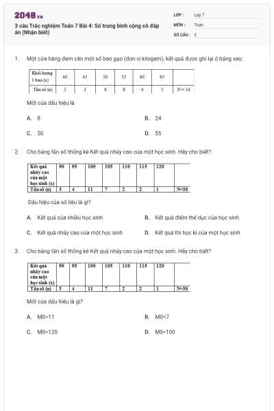 3 câu Trắc nghiệm Toán 7 Bài 4: Số trung bình cộng có đáp án (Nhận biết)