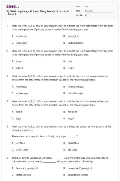 Bộ 30  Đề thi giữa học kì 2 môn Tiếng Anh lớp 11 có đáp án - Đề số 9