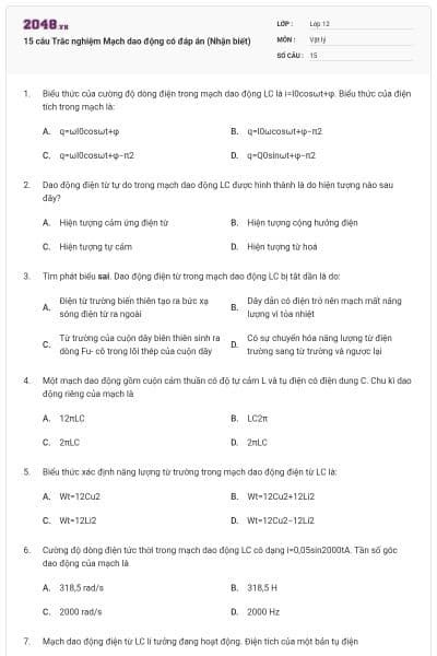 15 câu Trắc nghiệm Mạch dao động có đáp án (Nhận biết)