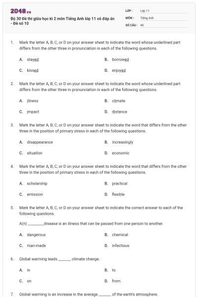 Bộ 30 Đề thi giữa học kì 2 môn Tiếng Anh lớp 11 có đáp án - Đề số 10