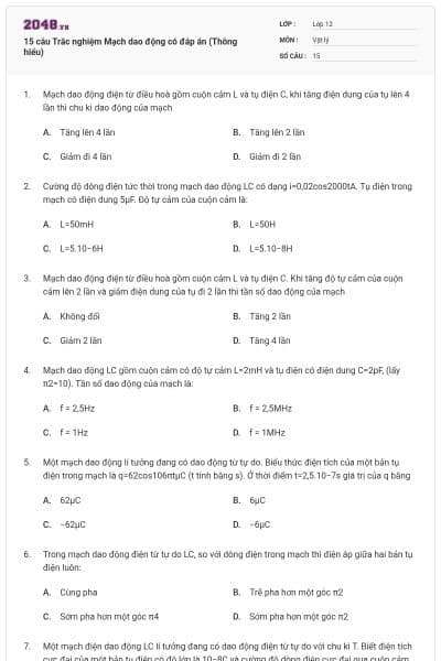 15 câu Trắc nghiệm Mạch dao động có đáp án (Thông hiểu)