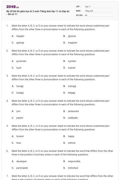 Bộ 30  Đề thi giữa học kì 2 môn Tiếng Anh lớp 11 có đáp án - Đề số 11