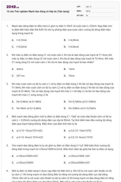 16 câu Trắc nghiệm Mạch dao động có đáp án (Vận dụng)