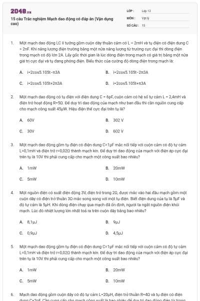 15 câu Trắc nghiệm Mạch dao động có đáp án (Vận dụng cao)