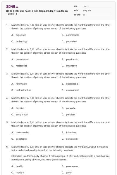 Bộ 30  Đề thi giữa học kì 2 môn Tiếng Anh lớp 11 có đáp án - Đề số 13