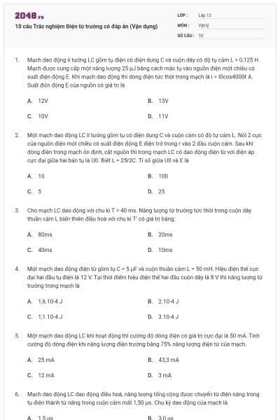 10 câu Trắc nghiệm Điện từ trường có đáp án (Vận dụng)