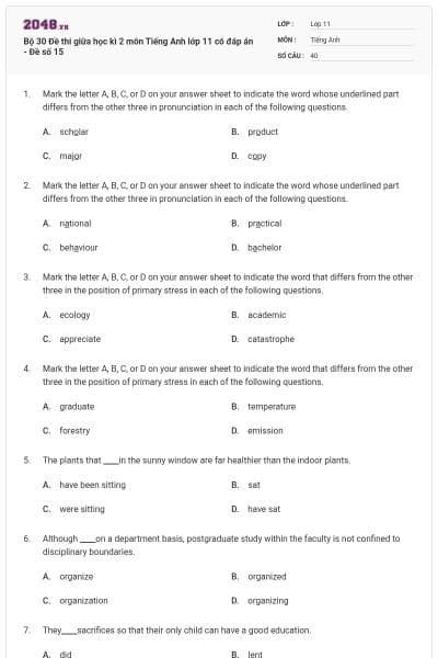 Bộ 30  Đề thi giữa học kì 2 môn Tiếng Anh lớp 11 có đáp án - Đề số 15
