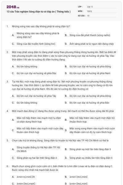 13 câu Trắc nghiệm Sóng điện từ có đáp án ( Thông hiểu )