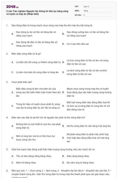 9 câu Trắc nghiệm Nguyên tắc thông tin liên lạc bằng sóng vô tuyến có đáp án (Nhận biết)