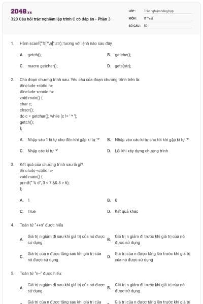 320 Câu hỏi trắc nghiệm lập trình C có đáp án - Phần 3