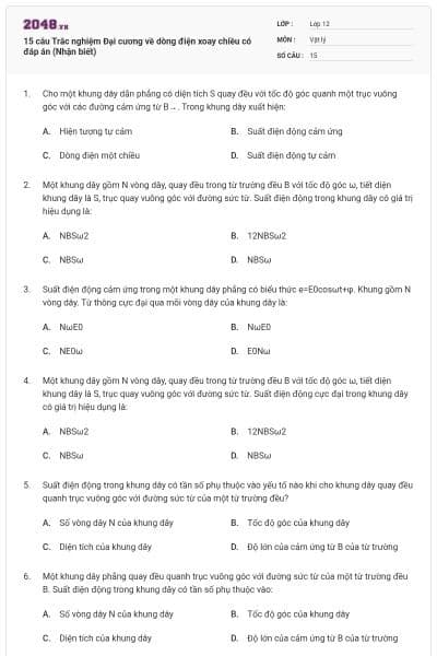 15 câu Trắc nghiệm Đại cương về dòng điện xoay chiều có đáp án (Nhận biết)