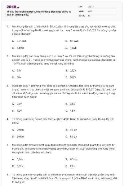 15 câu Trắc nghiệm Đại cương về dòng điện xoay chiều có đáp án (Thông hiểu)
