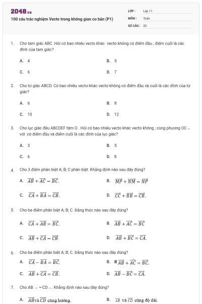 100 câu trắc nghiệm Vecto trong không gian cơ bản (P1)