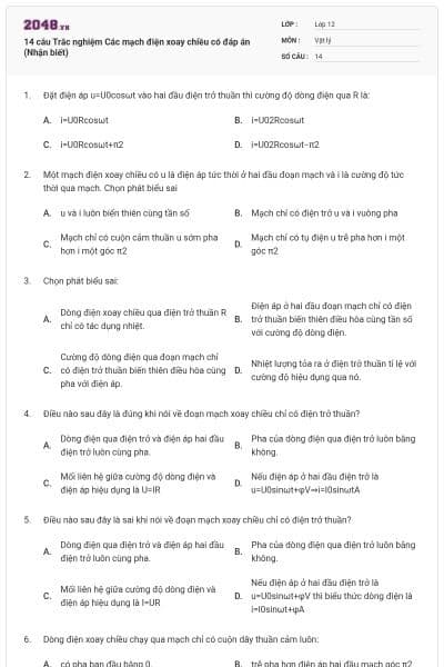 14 câu Trắc nghiệm Các mạch điện xoay chiều có đáp án (Nhận biết)