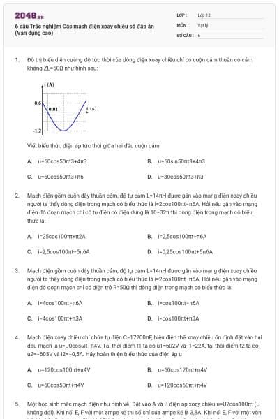 6 câu Trắc nghiệm Các mạch điện xoay chiều có đáp án (Vận dụng cao)