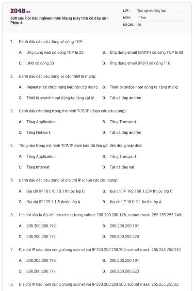 630 câu hỏi trắc nghiệm môn Mạng máy tính có đáp án - Phần 4