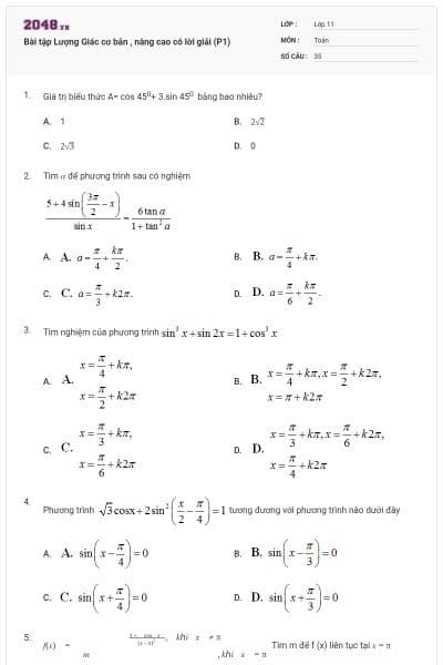 Bài tập Lượng Giác cơ bản , nâng cao có lời giải (P1)