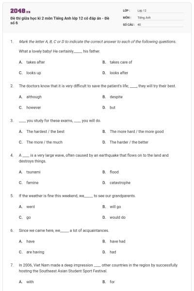 Đề thi giữa học kì 2 môn Tiếng Anh lớp 12 có đáp án - Đề số 6