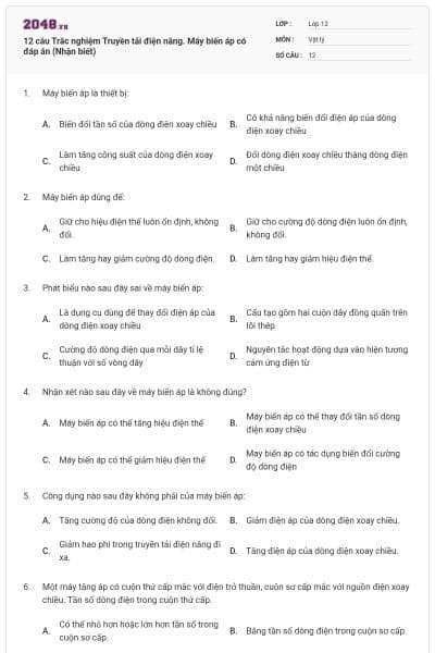 12 câu Trắc nghiệm Truyền tải điện năng. Máy biến áp có đáp án (Nhận biết)