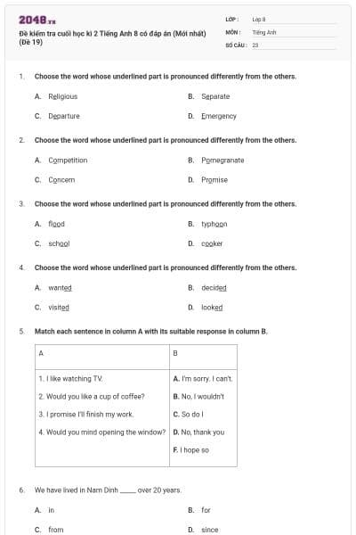 Đề kiểm tra cuối học kì 2 Tiếng Anh 8 có đáp án (Mới nhất) (Đề 19)