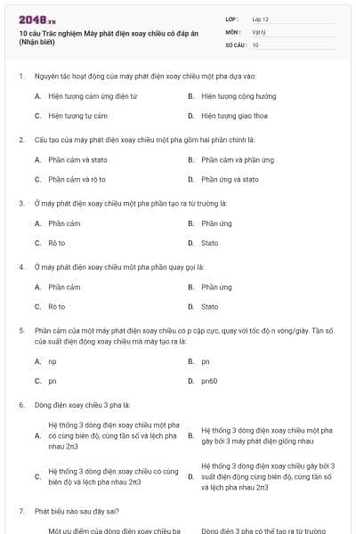 10 câu Trắc nghiệm Máy phát điện xoay chiều có đáp án (Nhận biết)