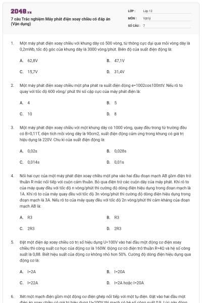 7 câu Trắc nghiệm Máy phát điện xoay chiều có đáp án (Vận dụng)