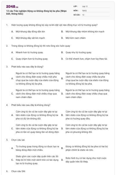 12 câu Trắc nghiệm Động cơ không đồng bộ ba pha (Nhận biết, thông hiểu)