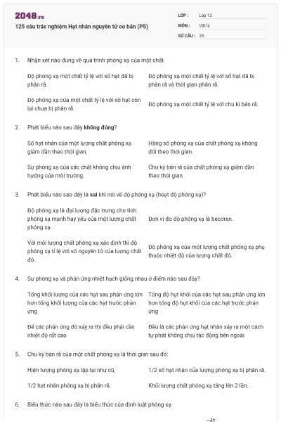 125 câu trắc nghiệm Hạt nhân nguyên tử cơ bản (P5)