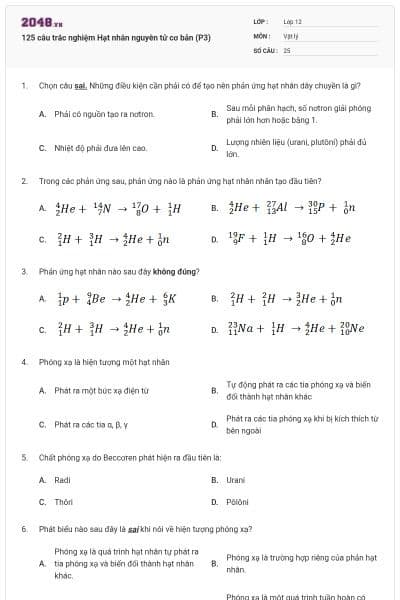 125 câu trắc nghiệm Hạt nhân nguyên tử cơ bản (P3)