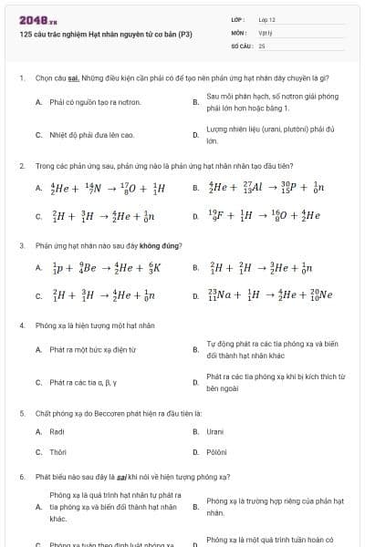 125 câu trắc nghiệm Hạt nhân nguyên tử cơ bản (P3)