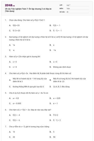28 câu Trắc nghiệm Toán 7: Ôn tập chương 2 có đáp án (Vận dụng)