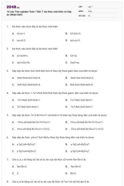 10 câu Trắc nghiệm Toán 7 Bài 7: Đa thức một biến có đáp án (Nhận biết)