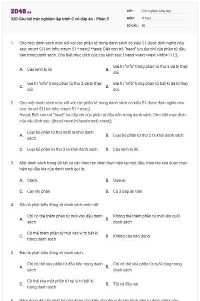 320 Câu hỏi trắc nghiệm lập trình C có đáp án - Phần 5