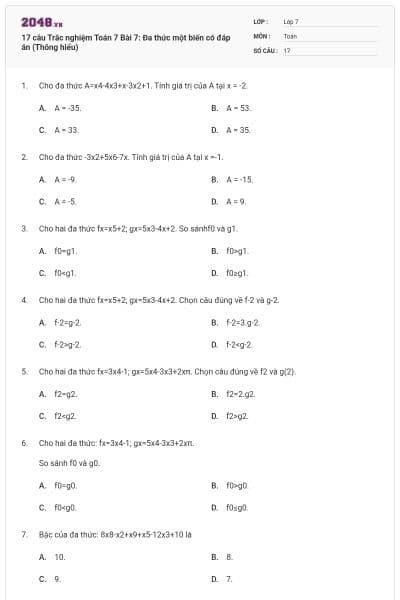 17 câu Trắc nghiệm Toán 7 Bài 7: Đa thức một biến có đáp án (Thông hiểu)