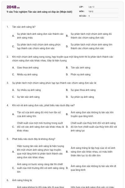 9 câu Trắc nghiệm Tán sắc ánh sáng có đáp án (Nhận biết)