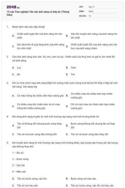 15 câu Trắc nghiệm Tán sắc ánh sáng có đáp án (Thông hiểu)