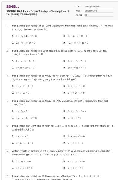 ĐGTD ĐH Bách khoa - Tư duy Toán học - Các dạng toán về viết phương trình mặt phẳng