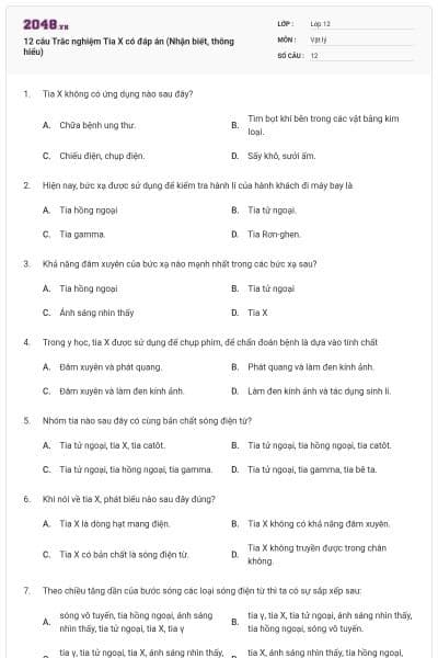 12 câu Trắc nghiệm Tia X có đáp án (Nhận biết, thông hiểu)