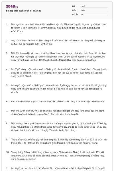 Bài tập theo tuần Toán 8 - Tuần 25