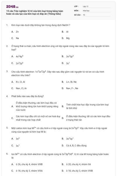 15 câu Trắc nghiệm Vị trí của kim loại trong bảng tuần hoàn và cấu tạo của kim loại có đáp án (Thông hiểu)