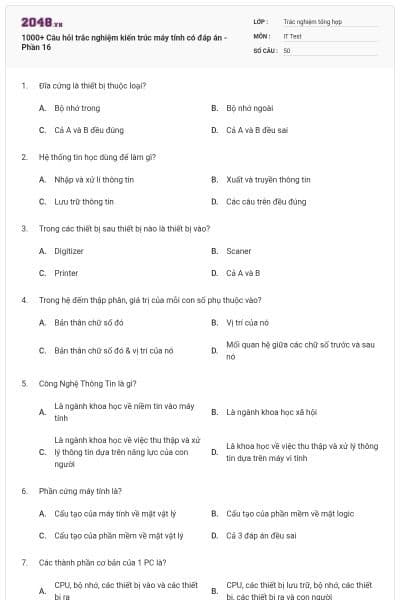 1000+ Câu hỏi trắc nghiệm kiến trúc máy tính có đáp án - Phần 16
