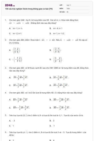 100 câu trắc nghiệm Vecto trong không gian cơ bản (P4)