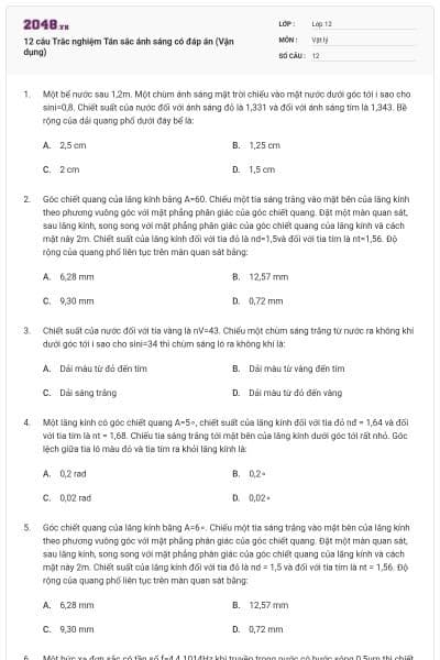 12 câu Trắc nghiệm Tán sắc ánh sáng có đáp án (Vận dụng)