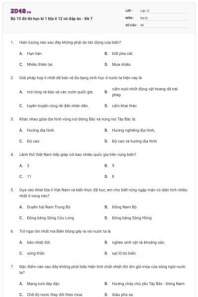 Bộ 15 đề thi học kì 1 Địa lí 12 có đáp án - Đề 7