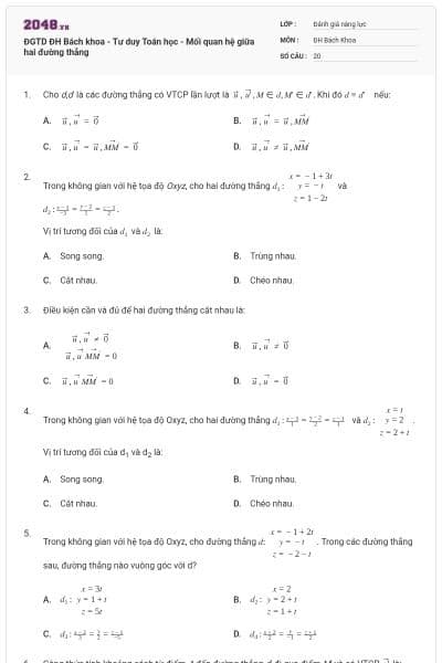 ĐGTD ĐH Bách khoa - Tư duy Toán học - Mối quan hệ giữa hai đường thẳng